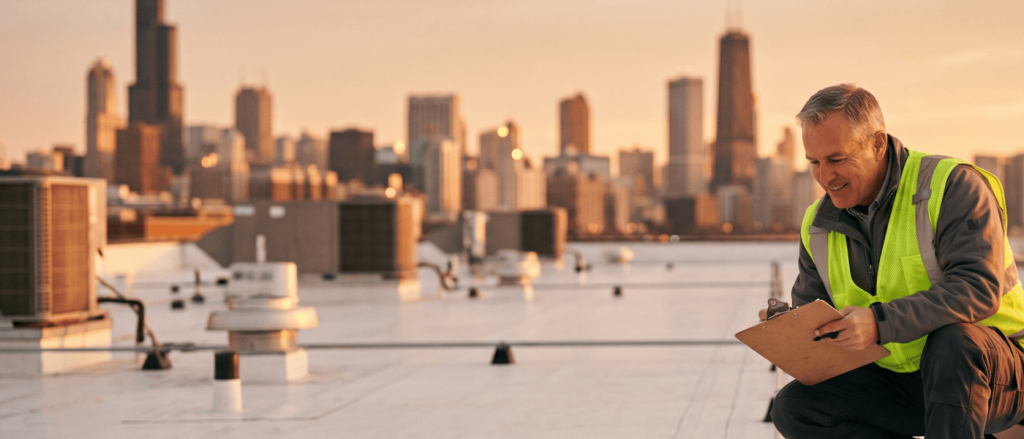 Safety inspector in a neon vest kneeling on a rooftop, clipboard in hand, city skyline at sunset in the background.