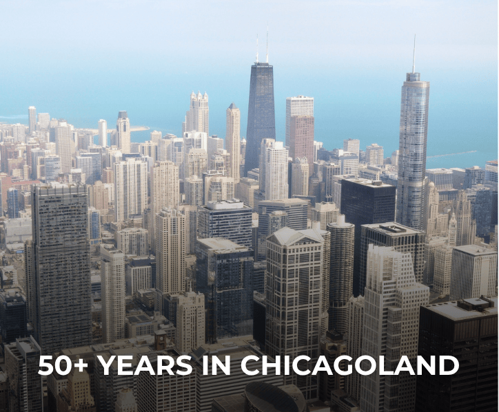 3 - What to look for - Ridgeworth Roofing Aerial view of Chicago skyline with a bold caption reading'50+ YEARS IN CHICAGOLAND'.